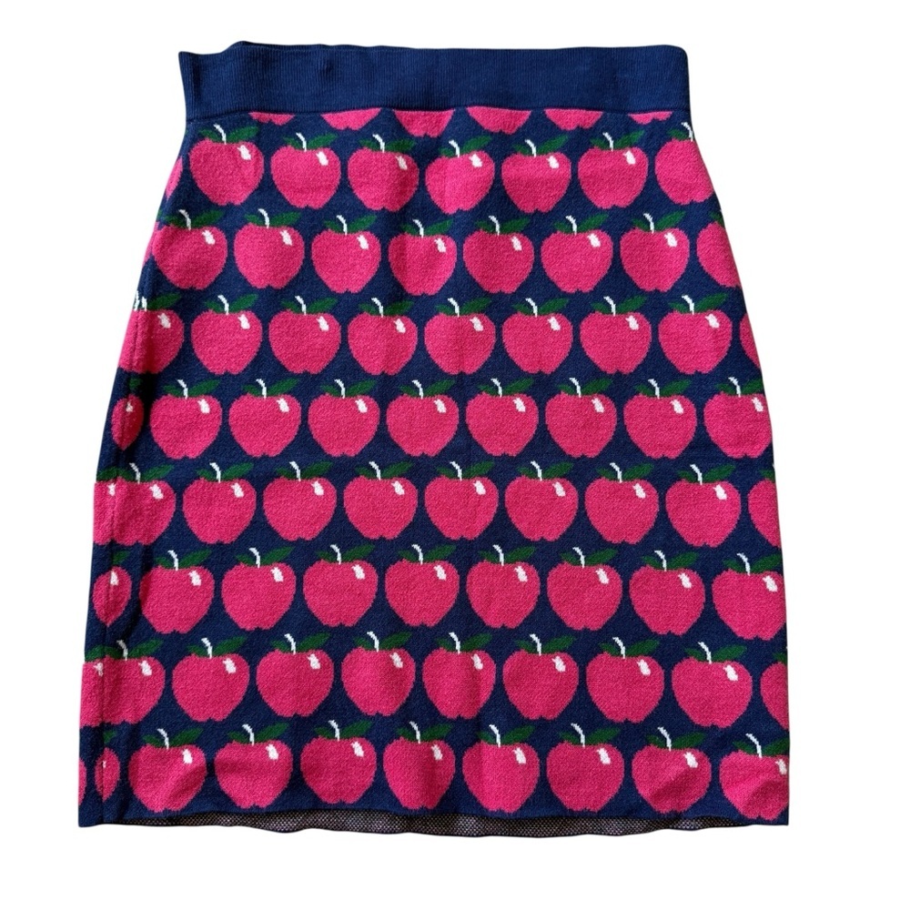 Maeve Anthropologie Pink & Blue Apple Print A-Line Skirt MP Knee Length Stretch
